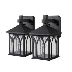Project Source Outdoor Wall Lantern - 11.7-in - Black Metal and Hammered Glass - Set of 2